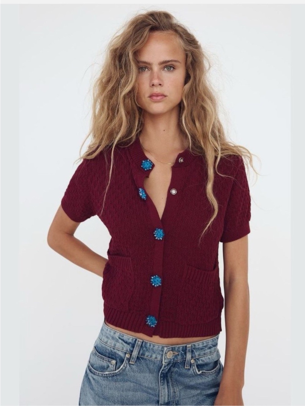 ZARA Jewel Button Knit Burgundy Short Sleeve Cardigan